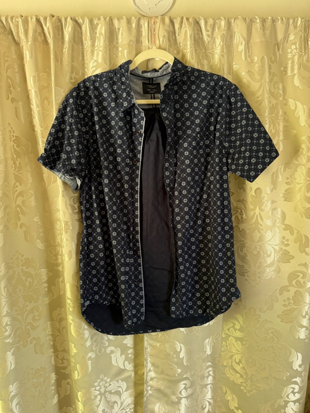 Navy Patterned Short Sleeve Button-Up Shirt/E053